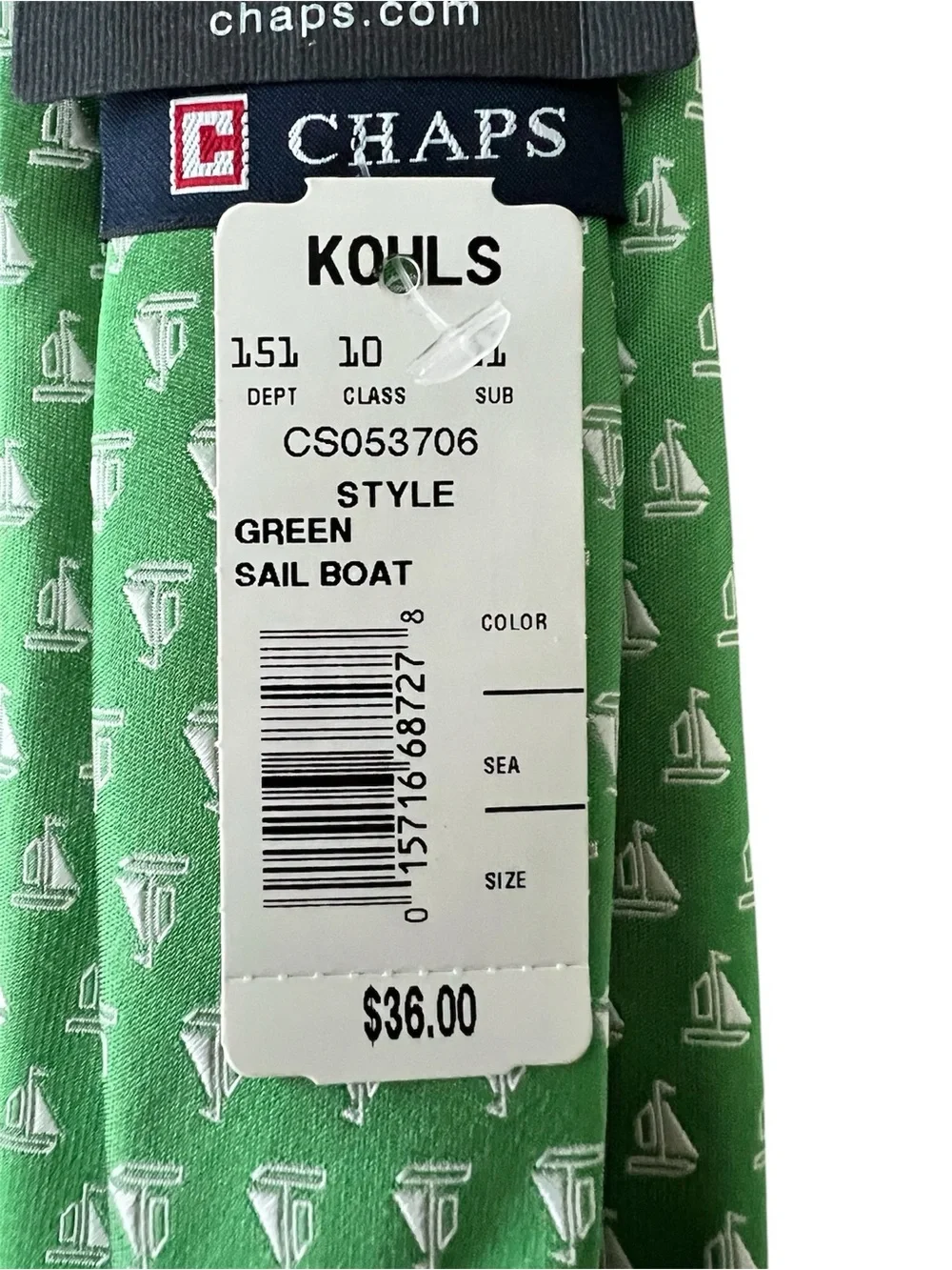 Chaps Green Nautical Sailboat Print Men's Tie NWT